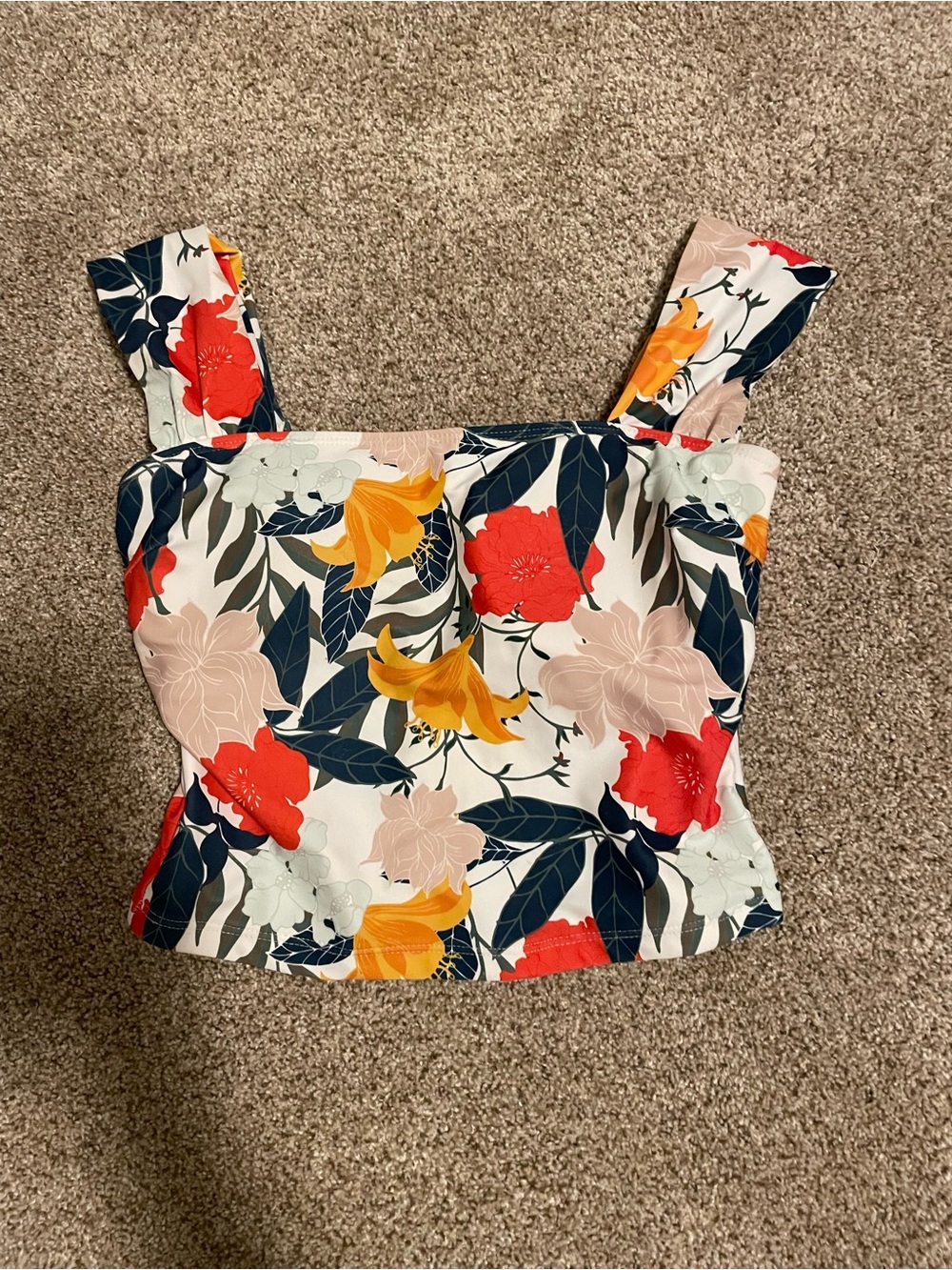 Floral Square Neck Bikini Top - White with Red, Yellow & Navy